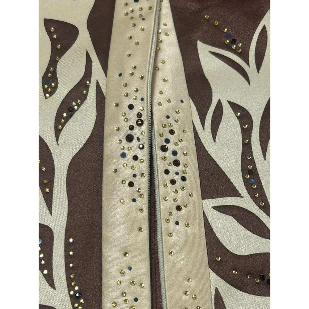 Sample Brown Satin Leaf Applique Rhinestone Blazer Jacket Size 6‎ Bronze Cream